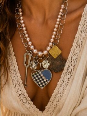 Boutique custom Layered Pink Pearl and Silver Charm Necklace with Heart Pendant